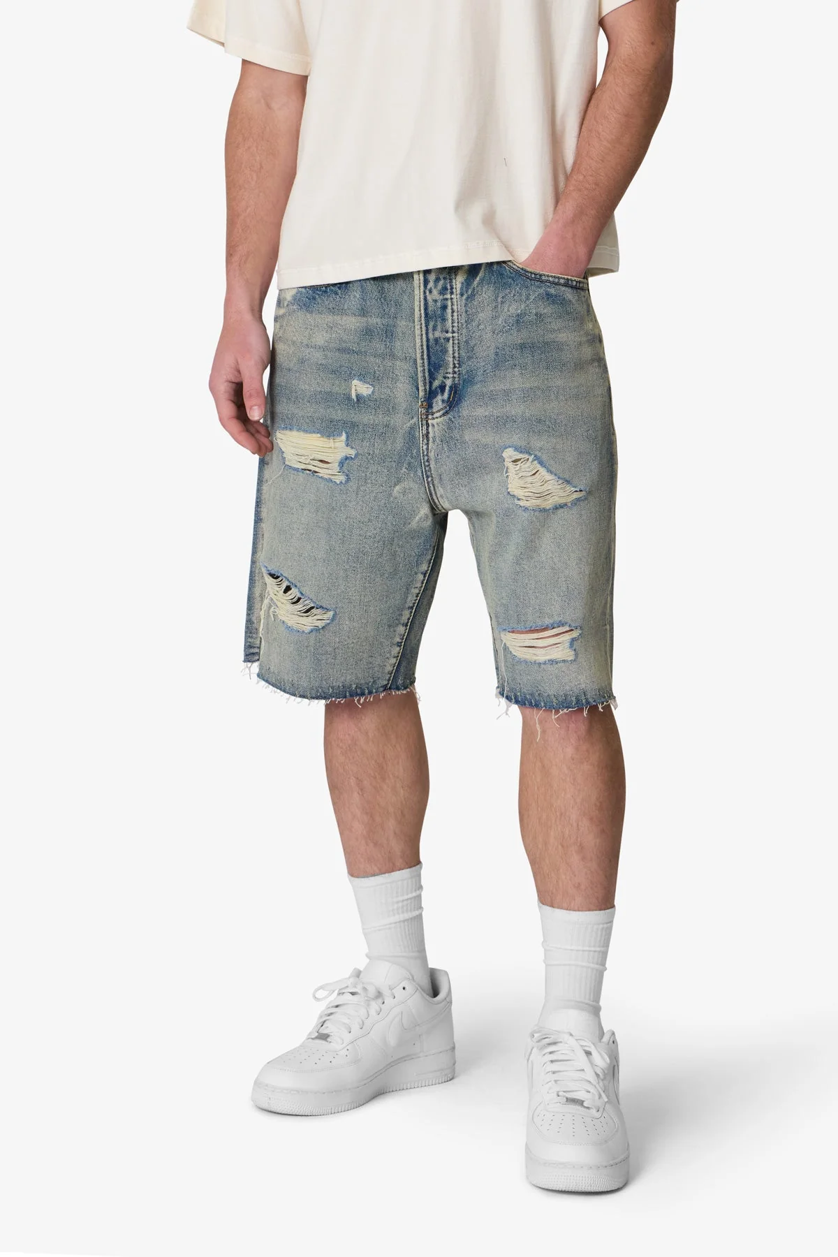 Baggy Ripped Denim Shorts - Vintage Blue