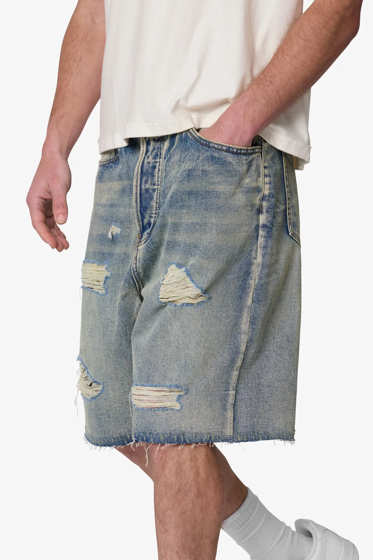 Baggy Ripped Denim Shorts - Vintage Blue